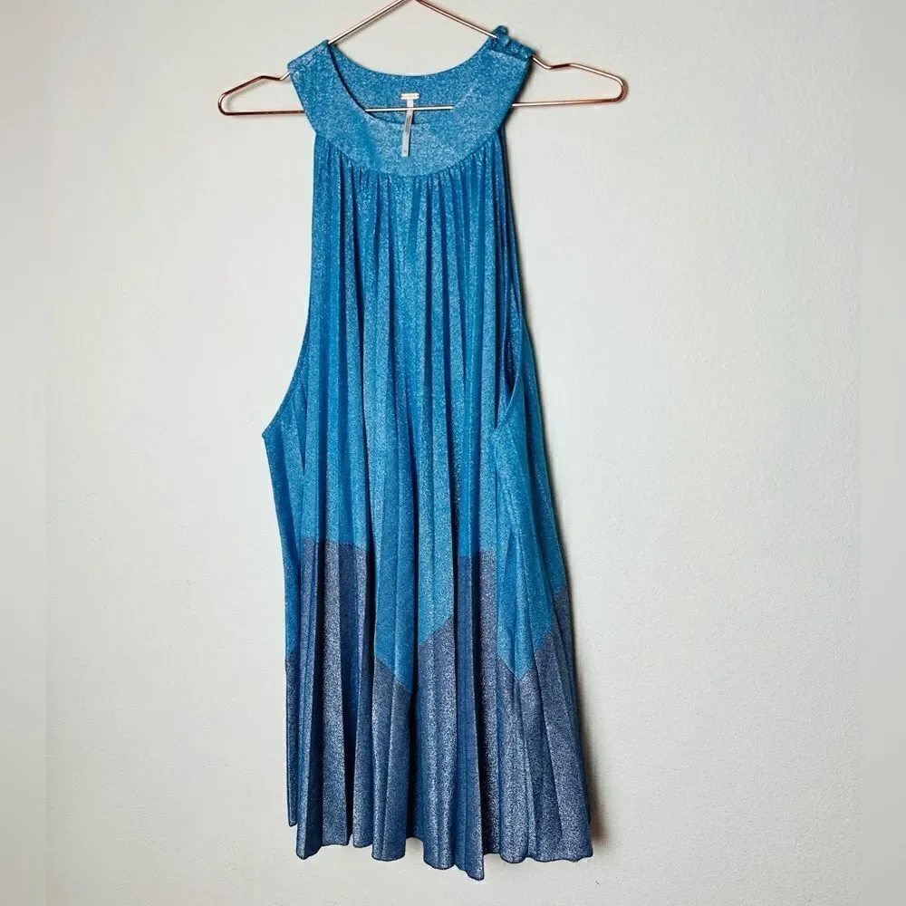 NWOT Free People Pleated Love Blue Metallic Mini Dress Medium